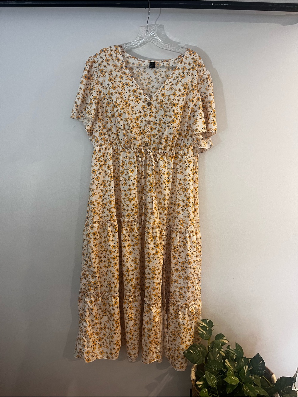 SHEIN Floral Tiered Maxi Dress in Cream and Mustard